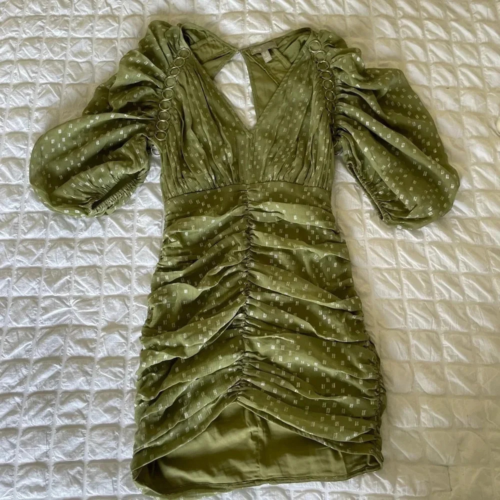 ASOS green ruched metallic satin mini dress